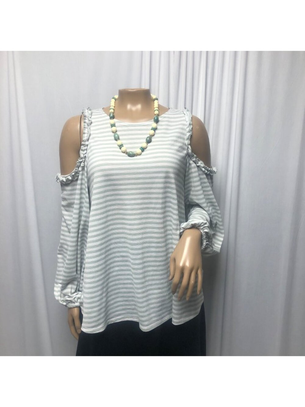 Lauren Conrad Blouse Womens Size Medium Green White Striped Cold Shoulder Top